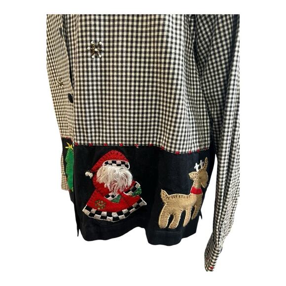 LEMON GRASS Vintage Christmas Shirt Santa Reindeer Appliqué Black Check SZ L - Picture 7 of 16